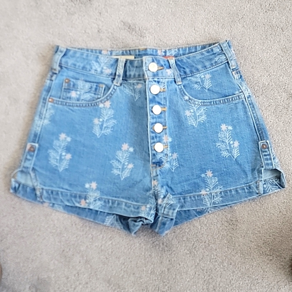 Pilcro Light Blue Denim Jean Shorts with White Floral Print